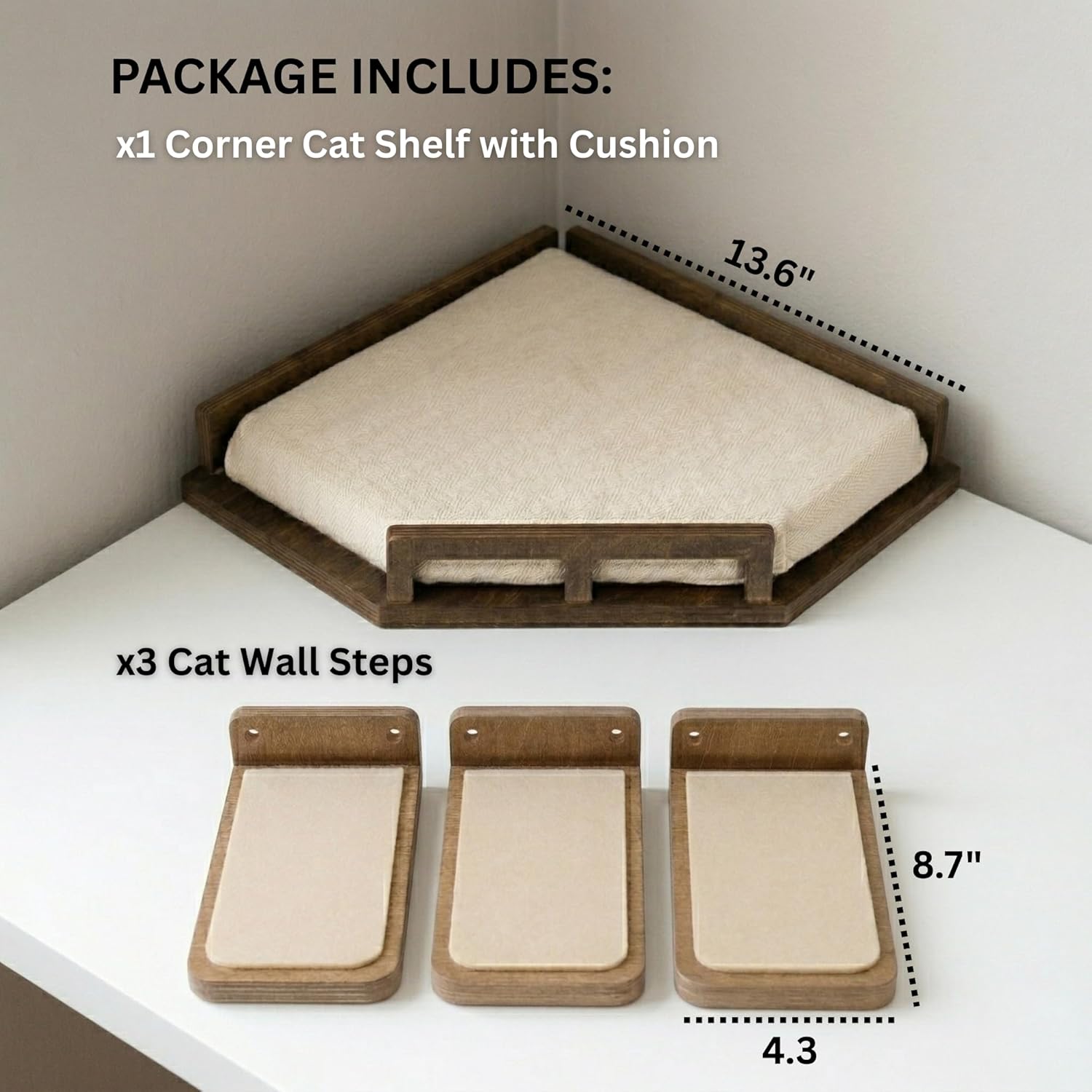 INICIO Cat Wall Shelves - Safe and Sturdy Cat Wall Furniture - Stylish Natural Wood Corner Shelf with 3 Steps for Cats up to 15lbs - Cushioned Perch and Stairs for Climbing and Playing - Dark Brown
