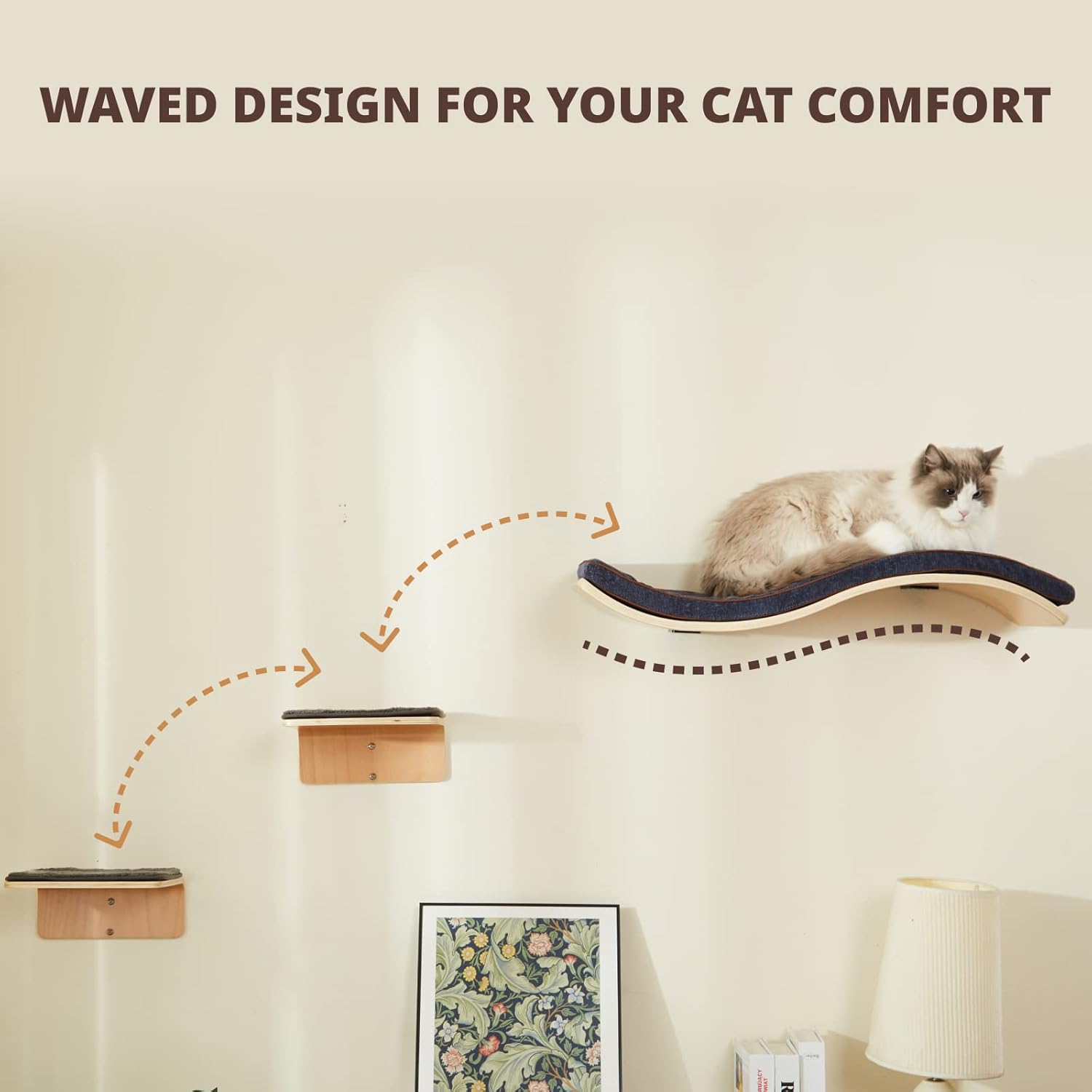 LIORCE Cat Wall Shelf with Two Steps - Wave Cat Shelves and Perches for Wall - Wall Mounted Cats Furniture for Sleeping